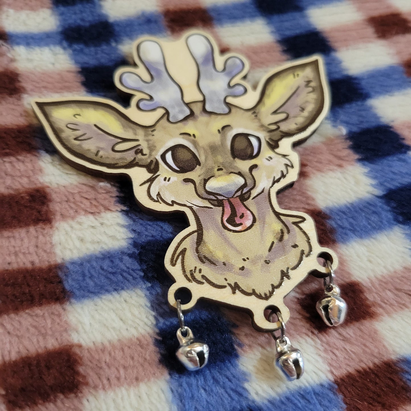 Reindeer Seasonal Wooden Pin with Silver Bells - Pergerine Rabbit!!