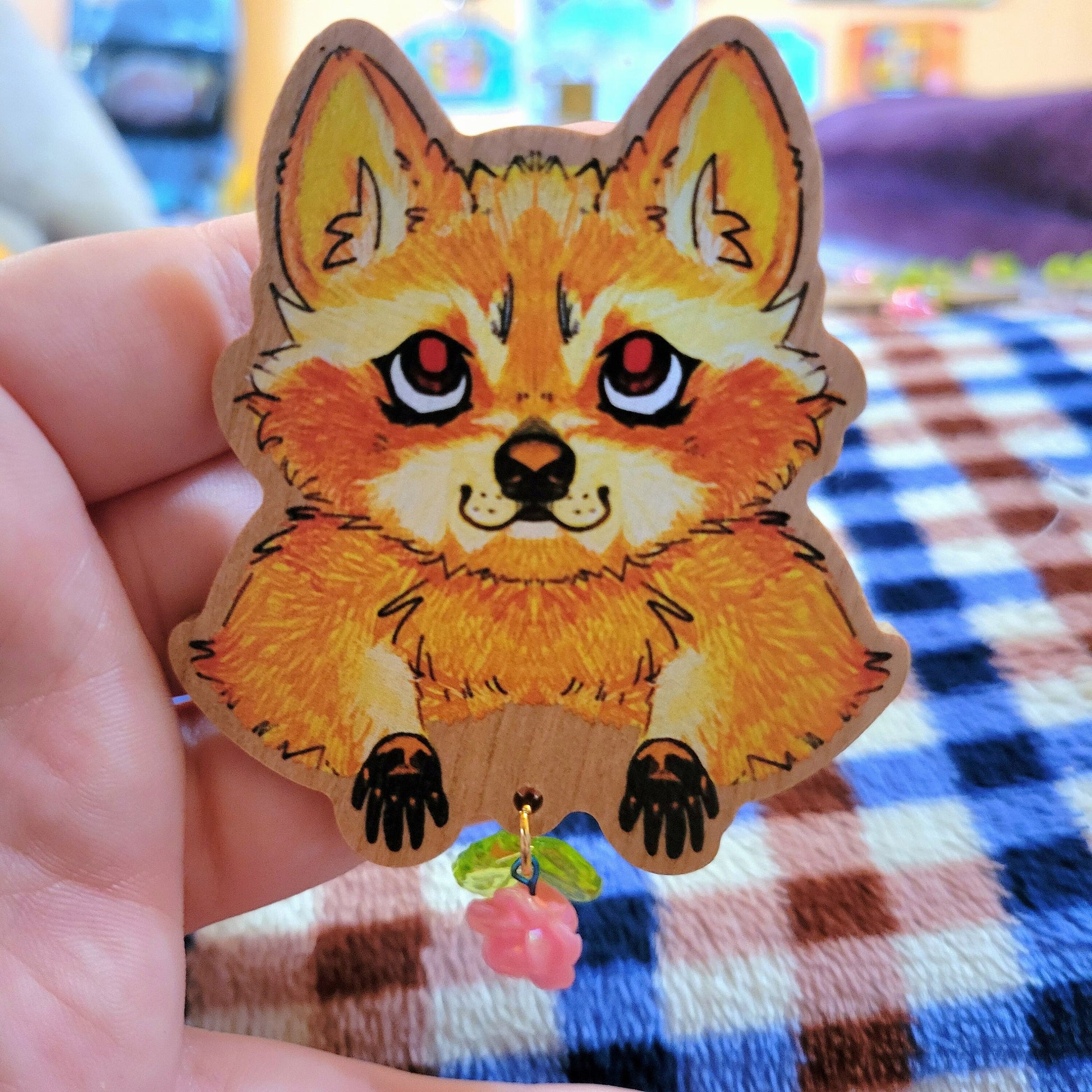 Blonde Raccoon Wooden Brooch with Dangling Flower - Pergerine Rabbit!!