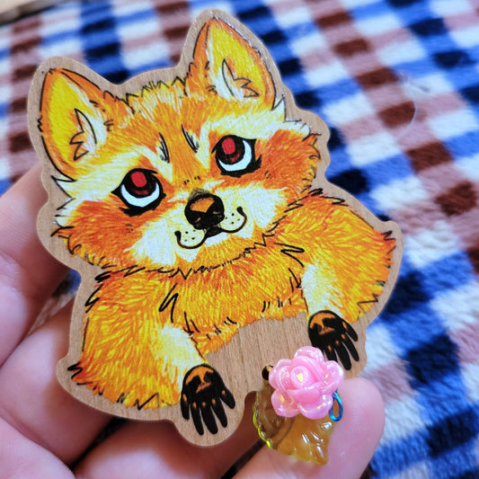 Blonde Raccoon Wooden Brooch with Dangling Flower - Pergerine Rabbit!!